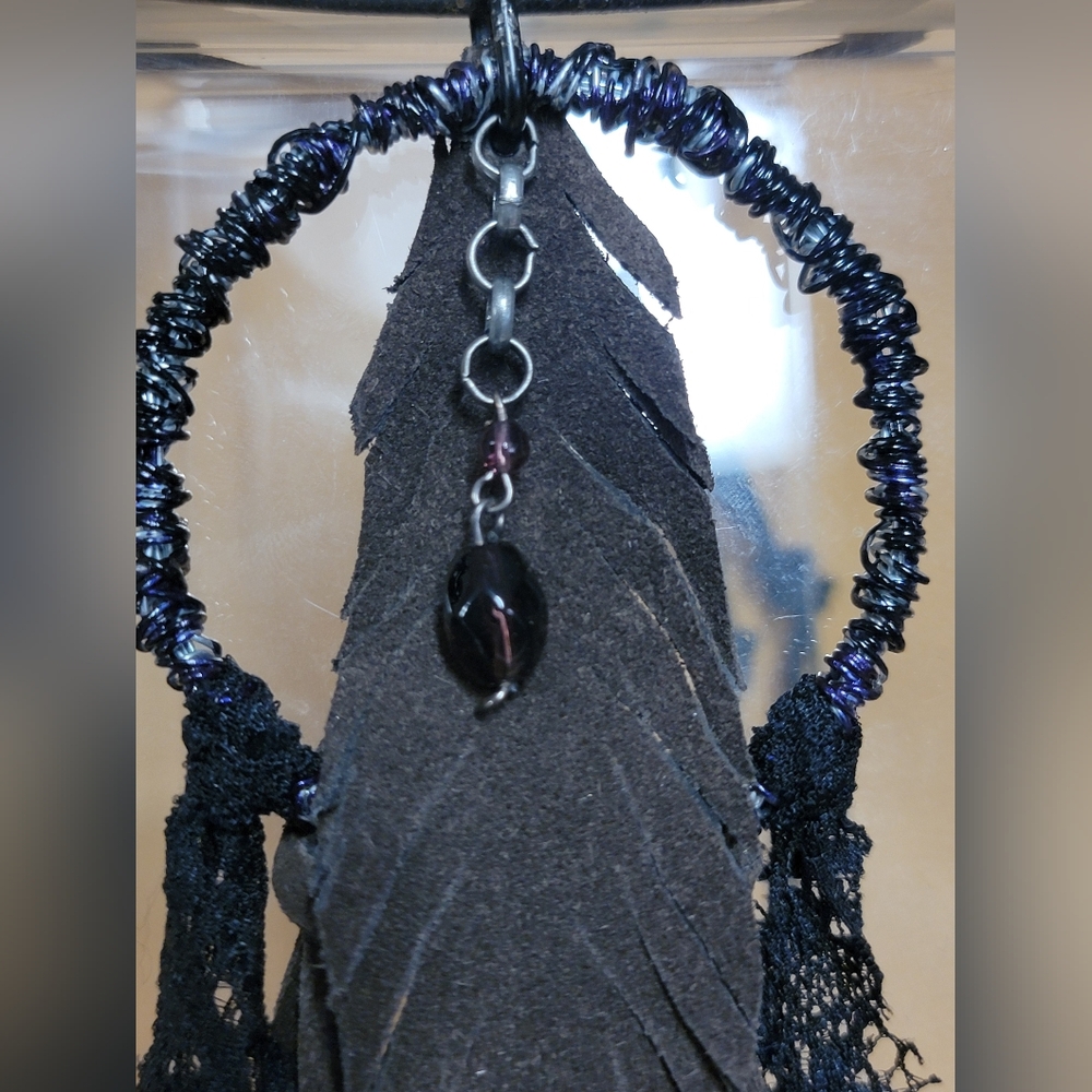 Bohemian Hippie Tooled Leather Choker Necklace With Suede Feather & Amethyst - Picture 7 of 12